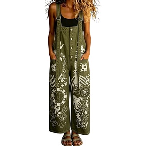 image:imagechouyatou Womens Graffiti Printed Y2K Denim Bib Pants Jumper Button Front Wide Leg Jean Jumpsuit RomperGreen