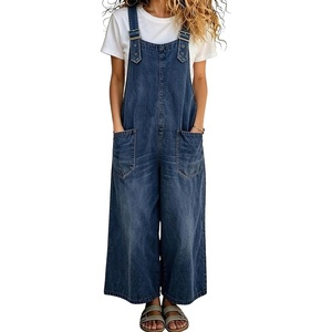 image:imagechouyatou Womens Retro Denim Bib Overall Pants Loose Adjustable Strap Wide Leg Y2K Baggy Jean JumpsuitDark Blue