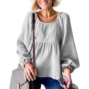 image:imagechouyatou Womens Spring Square Neck Bishop Sleeve Tunic Top Business Casual Summer Peplum Blouse ShirtGrey