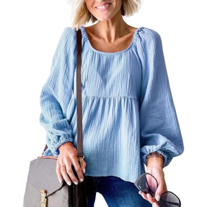 image:imagechouyatou Womens Spring Square Neck Bishop Sleeve Tunic Top Business Casual Summer Peplum Blouse ShirtLight Blue