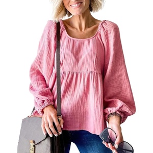 image:imagechouyatou Womens Spring Square Neck Bishop Sleeve Tunic Top Business Casual Summer Peplum Blouse ShirtPink