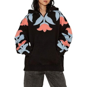 image:imagechouyatou Womens Y2k Floral Patchwork Pullover Hoodies Casual Oversized Sweatshirt Tops Contrast Color Hoodie JacketBlack