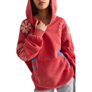 image:imagechouyatou Womens Y2k Floral Patchwork Pullover Hoodies Casual Oversized Sweatshirt Tops Contrast Color Hoodie JacketRed