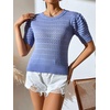 image:imagechouyatou Womens Summer Puff Short Sleeve Crochet Sweater Top Lightweight Knit Pullover T ShirtBlue
