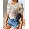 image:imagechouyatou Womens Summer Puff Short Sleeve Crochet Sweater Top Lightweight Knit Pullover T ShirtCream
