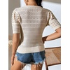 image:imagechouyatou Womens Summer Puff Short Sleeve Crochet Sweater Top Lightweight Knit Pullover T ShirtCream