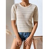 image:imagechouyatou Womens Summer Puff Short Sleeve Crochet Sweater Top Lightweight Knit Pullover T ShirtCream