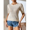 image:imagechouyatou Womens Summer Puff Short Sleeve Crochet Sweater Top Lightweight Knit Pullover T ShirtCream