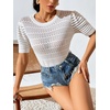 image:imagechouyatou Womens Summer Puff Short Sleeve Crochet Sweater Top Lightweight Knit Pullover T ShirtWhite