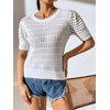 image:imagechouyatou Womens Summer Puff Short Sleeve Crochet Sweater Top Lightweight Knit Pullover T ShirtWhite