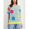 image:imagechouyatou Womens Summer Short Sleeve Crochet Tops Y2k Flower Color Block Oversized Knit TShirt BlouseGreen