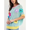 image:imagechouyatou Womens Summer Short Sleeve Crochet Tops Y2k Flower Color Block Oversized Knit TShirt BlouseGreen