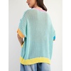 image:imagechouyatou Womens Summer Short Sleeve Crochet Tops Y2k Flower Color Block Oversized Knit TShirt BlouseGreen