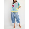 image:imagechouyatou Womens Summer Short Sleeve Crochet Tops Y2k Flower Color Block Oversized Knit TShirt BlouseGreen