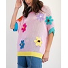 image:imagechouyatou Womens Summer Short Sleeve Crochet Tops Y2k Flower Color Block Oversized Knit TShirt BlousePink