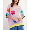image:imagechouyatou Womens Summer Short Sleeve Crochet Tops Y2k Flower Color Block Oversized Knit TShirt BlousePink