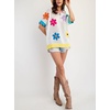 image:imagechouyatou Womens Summer Short Sleeve Crochet Tops Y2k Flower Color Block Oversized Knit TShirt BlouseWhite