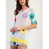 image:imagechouyatou Womens Summer Short Sleeve Crochet Tops Y2k Flower Color Block Oversized Knit TShirt BlouseWhite