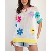 image:imagechouyatou Womens Summer Short Sleeve Crochet Tops Y2k Flower Color Block Oversized Knit TShirt BlouseWhite
