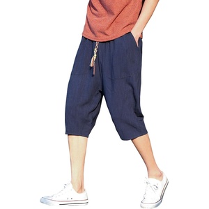 image:imagechouyatou Mens Lightweight Drawstring Waist Linen Capri Pants Beach Harem Shorts XLarge Navy