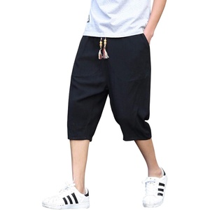 image:imagechouyatou Mens Lightweight Drawstring Waist Linen Capri Pants Beach Harem Shorts XXLarge Black