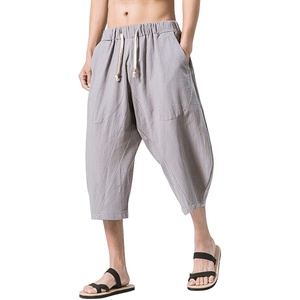 image:imagechouyatou Mens Loose Fit Comfy Linen Pull On Baggy Capri Harem Pants Small Grey