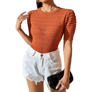 image:imagechouyatou Womens Summer Puff Short Sleeve Crochet Sweater Top Lightweight Knit Pullover T ShirtOrange