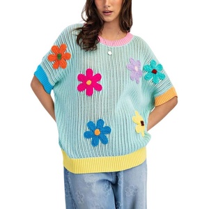 image:imagechouyatou Womens Summer Short Sleeve Crochet Tops Y2k Flower Color Block Oversized Knit TShirt BlouseGreen