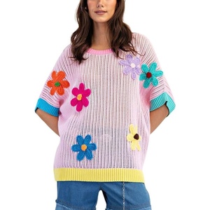 image:imagechouyatou Womens Summer Short Sleeve Crochet Tops Y2k Flower Color Block Oversized Knit TShirt BlousePink