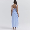 image:imagechouyatou Womens Beach Ruffle Spaghetti Strap Dress Sexy Backless High Split Ruched Lace Boho Maxi DressBlue