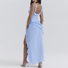 image:imagechouyatou Womens Beach Ruffle Spaghetti Strap Dress Sexy Backless High Split Ruched Lace Boho Maxi DressBlue