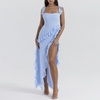 image:imagechouyatou Womens Beach Ruffle Spaghetti Strap Dress Sexy Backless High Split Ruched Lace Boho Maxi DressBlue