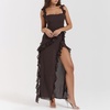 image:imagechouyatou Womens Beach Ruffle Spaghetti Strap Dress Sexy Backless High Split Ruched Lace Boho Maxi DressCoffee