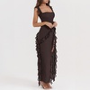 image:imagechouyatou Womens Beach Ruffle Spaghetti Strap Dress Sexy Backless High Split Ruched Lace Boho Maxi DressCoffee