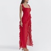 image:imagechouyatou Womens Beach Ruffle Spaghetti Strap Dress Sexy Backless High Split Ruched Lace Boho Maxi DressRed
