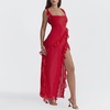 image:imagechouyatou Womens Beach Ruffle Spaghetti Strap Dress Sexy Backless High Split Ruched Lace Boho Maxi DressRed