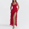 image:imagechouyatou Womens Beach Ruffle Spaghetti Strap Dress Sexy Backless High Split Ruched Lace Boho Maxi DressRed