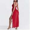 image:imagechouyatou Womens Beach Ruffle Spaghetti Strap Dress Sexy Backless High Split Ruched Lace Boho Maxi DressRed