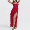 image:imagechouyatou Womens Beach Ruffle Spaghetti Strap Dress Sexy Backless High Split Ruched Lace Boho Maxi DressRed