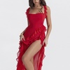 image:imagechouyatou Womens Beach Ruffle Spaghetti Strap Dress Sexy Backless High Split Ruched Lace Boho Maxi DressRed