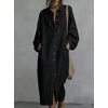 image:imagechouyatou Womens Retro Long Sleeve Denim Shirt Dress Loose V Neck Button Down Midi Jean Dress with PocketsBlack