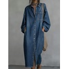 image:imagechouyatou Womens Retro Long Sleeve Denim Shirt Dress Loose V Neck Button Down Midi Jean Dress with PocketsBlue