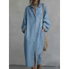 image:imagechouyatou Womens Retro Long Sleeve Denim Shirt Dress Loose V Neck Button Down Midi Jean Dress with PocketsLight Blue