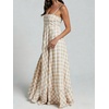 image:imagechouyatou Womens Summer Boho Sleeveless Plaid Gingham Smocked Dress Spaghetti Strap Flowy Maxi SundressKhaki