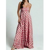 image:imagechouyatou Womens Summer Boho Sleeveless Plaid Gingham Smocked Dress Spaghetti Strap Flowy Maxi SundressRed