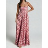 image:imagechouyatou Womens Summer Boho Sleeveless Plaid Gingham Smocked Dress Spaghetti Strap Flowy Maxi SundressRed