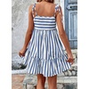 image:imagechouyatou Womens Summer Spaghetti Strap Dress Striped Printed Cute Bowknot Ruffle A Line Midi SundressBlue