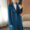 image:imagechouyatou Womens Winter Wool Trench Coat Flare Fishtail Hem Loose Fit Warm Mid Long Overcoat with BeltDark Blue