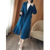 image:imagechouyatou Womens Winter Wool Trench Coat Flare Fishtail Hem Loose Fit Warm Mid Long Overcoat with BeltDark Blue