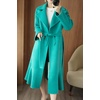 image:imagechouyatou Womens Winter Wool Trench Coat Flare Fishtail Hem Loose Fit Warm Mid Long Overcoat with BeltLake Green
